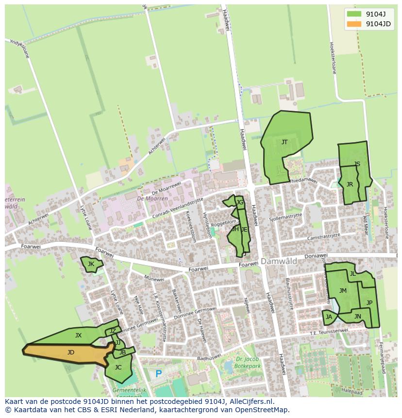 Afbeelding van het postcodegebied 9104 JD op de kaart.