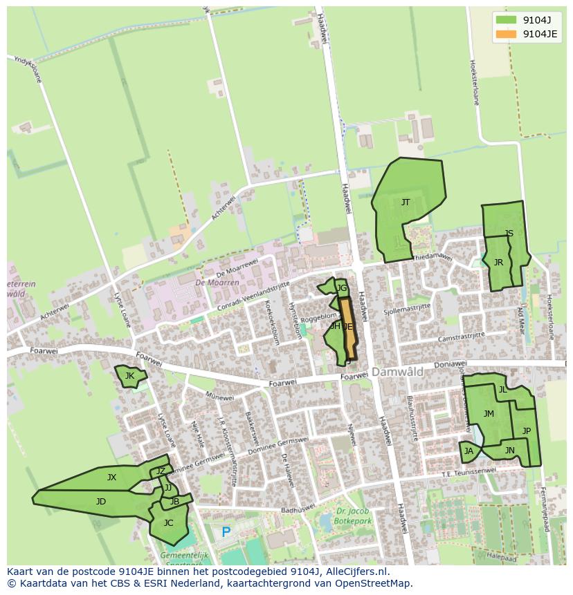 Afbeelding van het postcodegebied 9104 JE op de kaart.