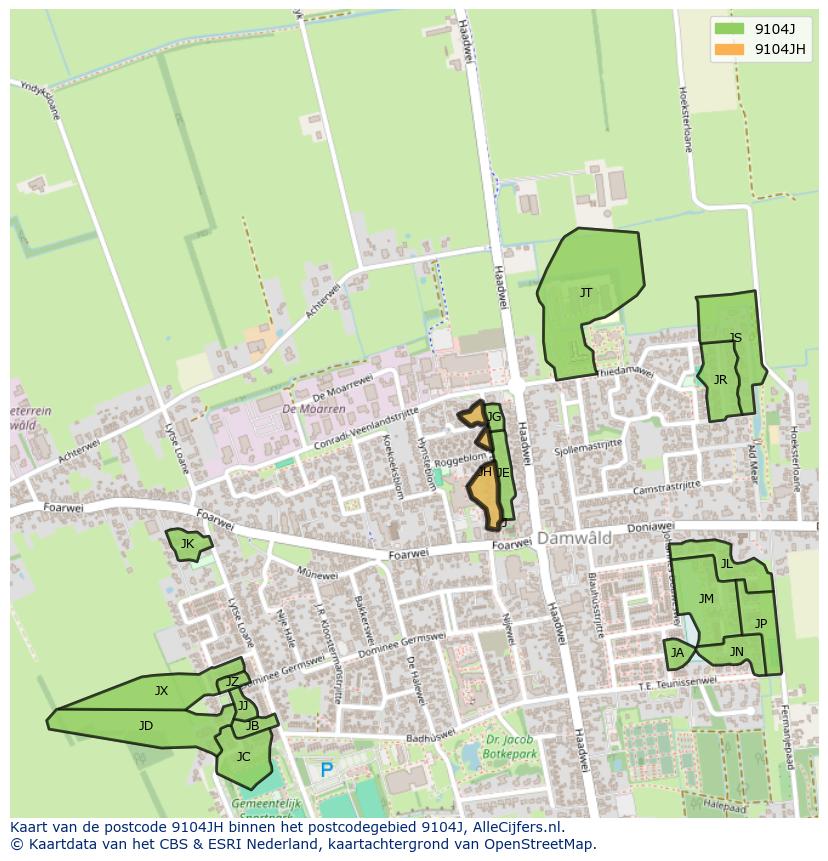 Afbeelding van het postcodegebied 9104 JH op de kaart.