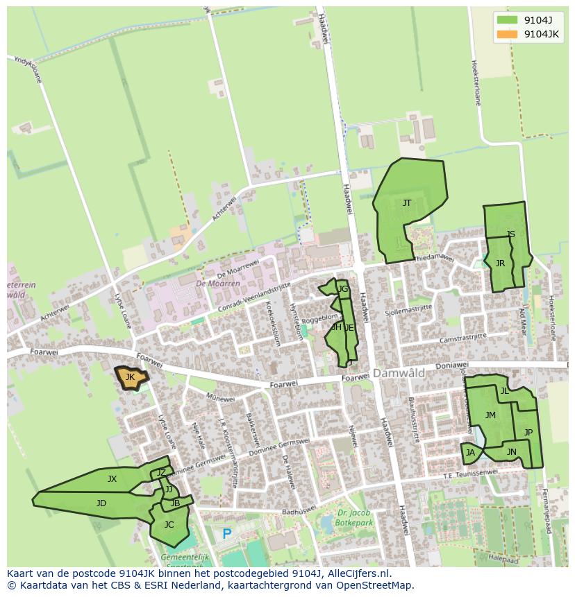 Afbeelding van het postcodegebied 9104 JK op de kaart.