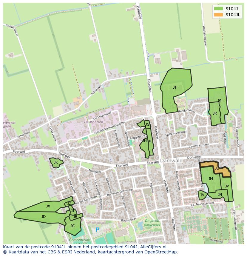 Afbeelding van het postcodegebied 9104 JL op de kaart.