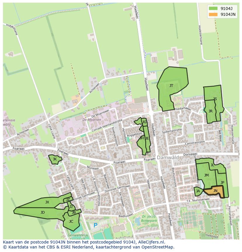 Afbeelding van het postcodegebied 9104 JN op de kaart.