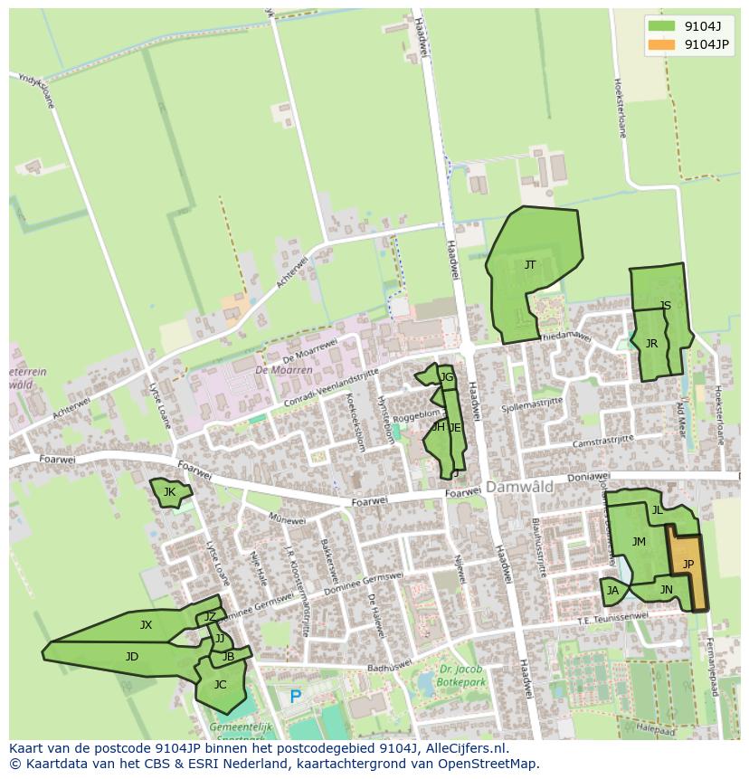 Afbeelding van het postcodegebied 9104 JP op de kaart.