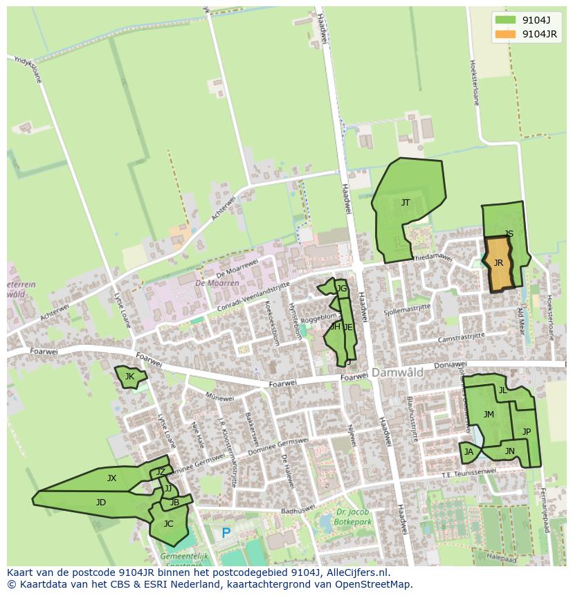Afbeelding van het postcodegebied 9104 JR op de kaart.