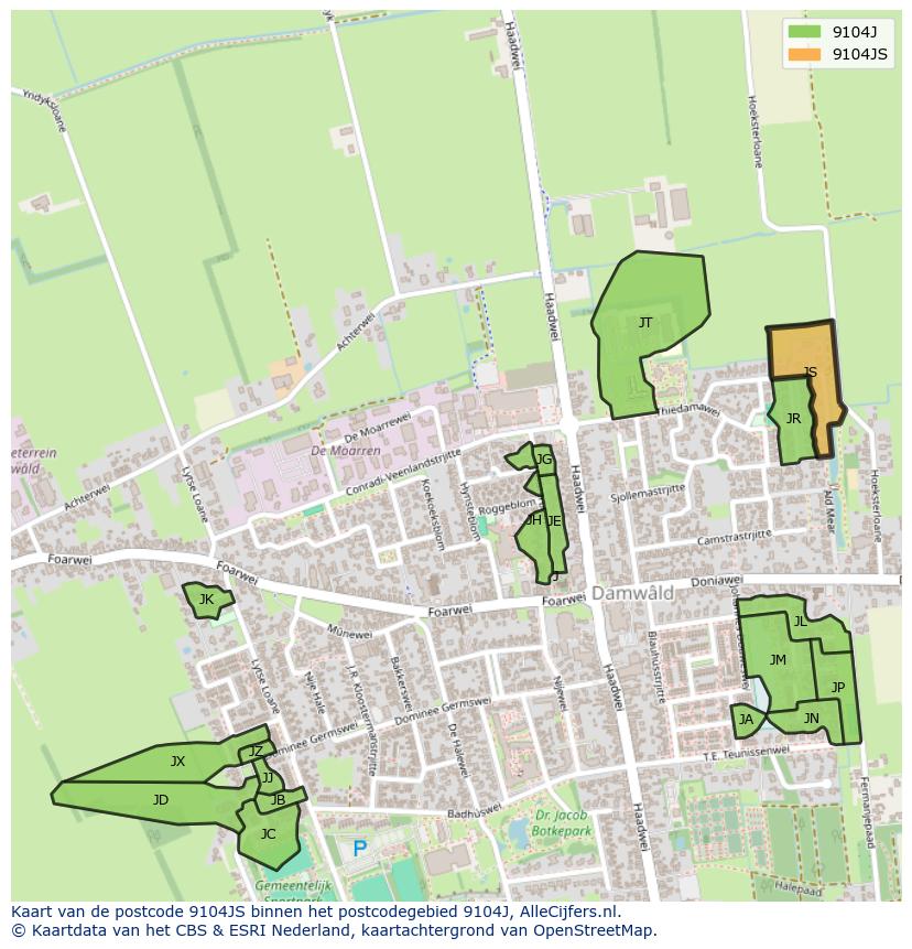 Afbeelding van het postcodegebied 9104 JS op de kaart.