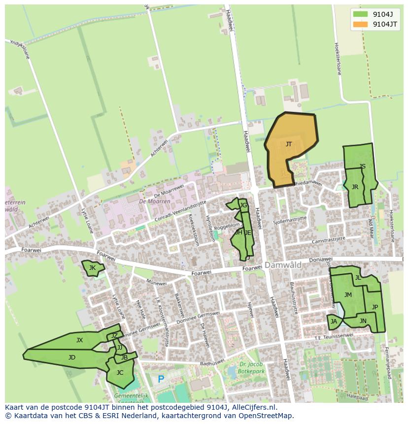 Afbeelding van het postcodegebied 9104 JT op de kaart.