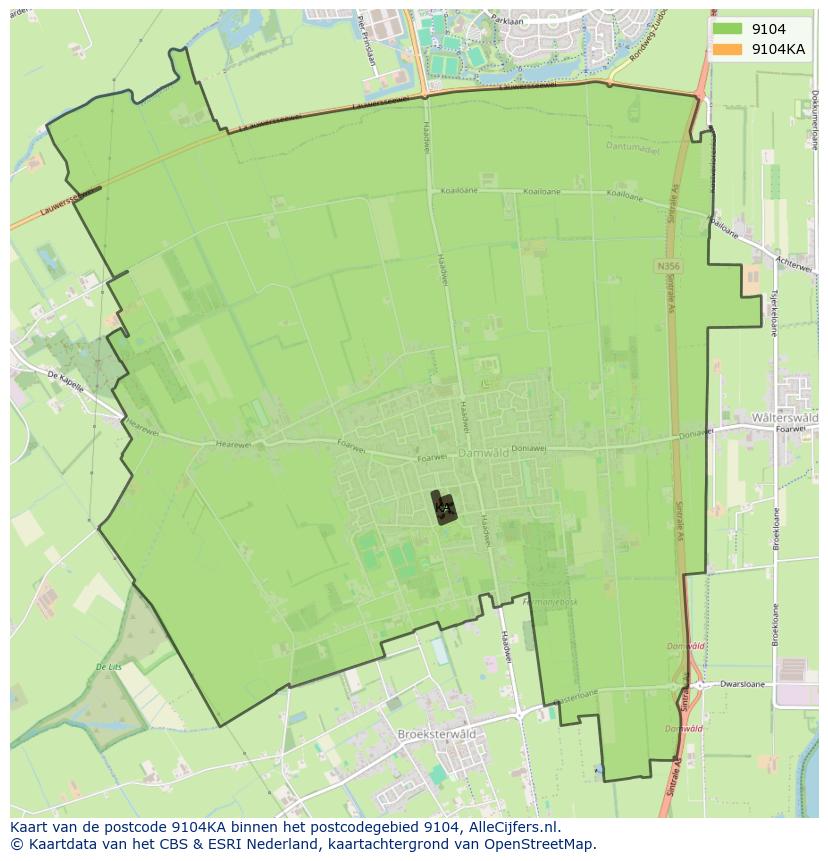 Afbeelding van het postcodegebied 9104 KA op de kaart.