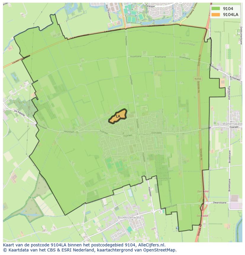 Afbeelding van het postcodegebied 9104 LA op de kaart.