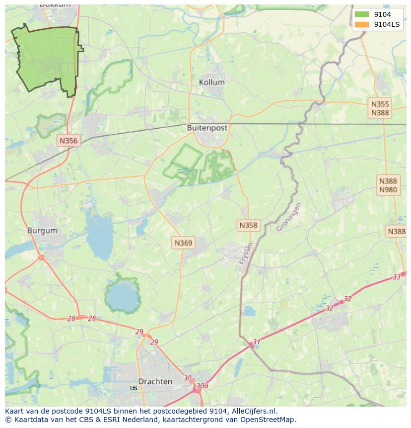 Afbeelding van het postcodegebied 9104 LS op de kaart.