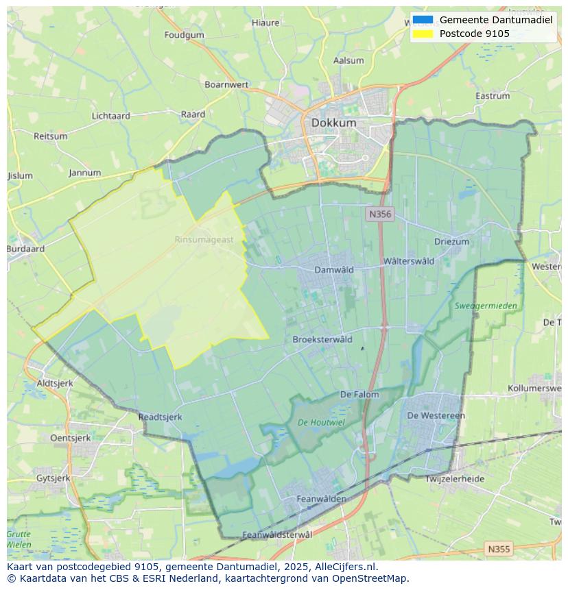 Afbeelding van het postcodegebied 9105 op de kaart.
