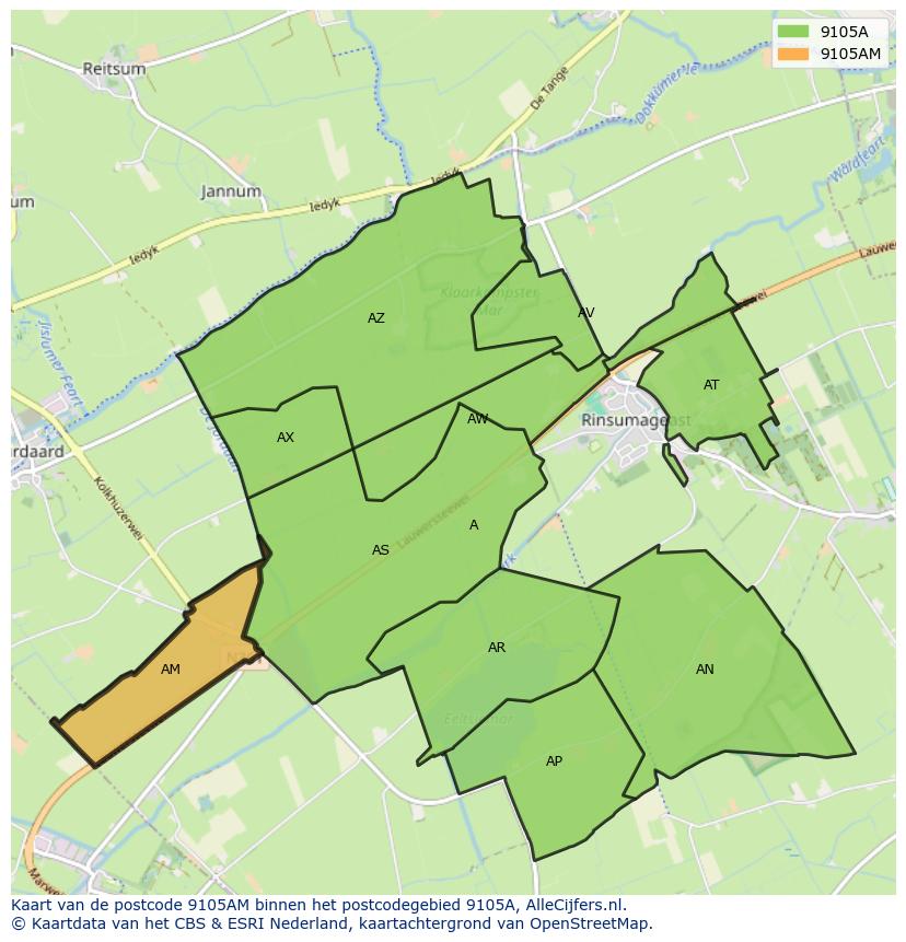 Afbeelding van het postcodegebied 9105 AM op de kaart.