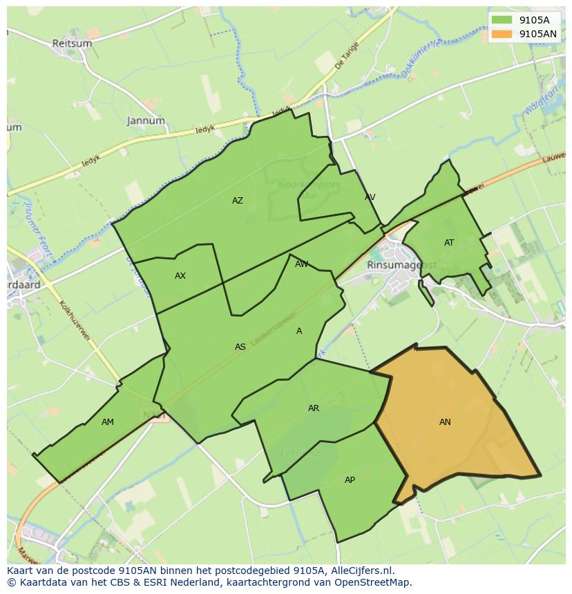 Afbeelding van het postcodegebied 9105 AN op de kaart.
