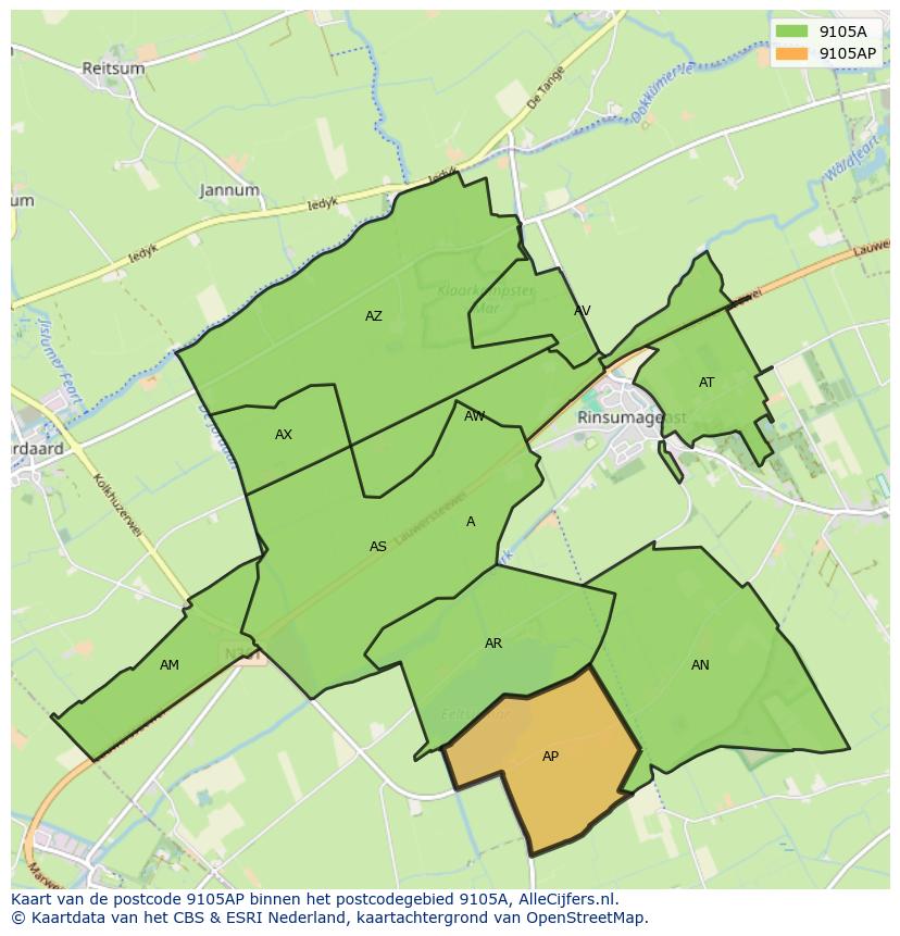 Afbeelding van het postcodegebied 9105 AP op de kaart.
