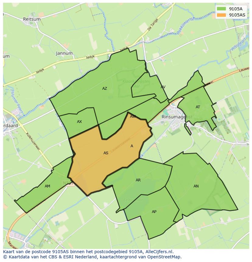 Afbeelding van het postcodegebied 9105 AS op de kaart.