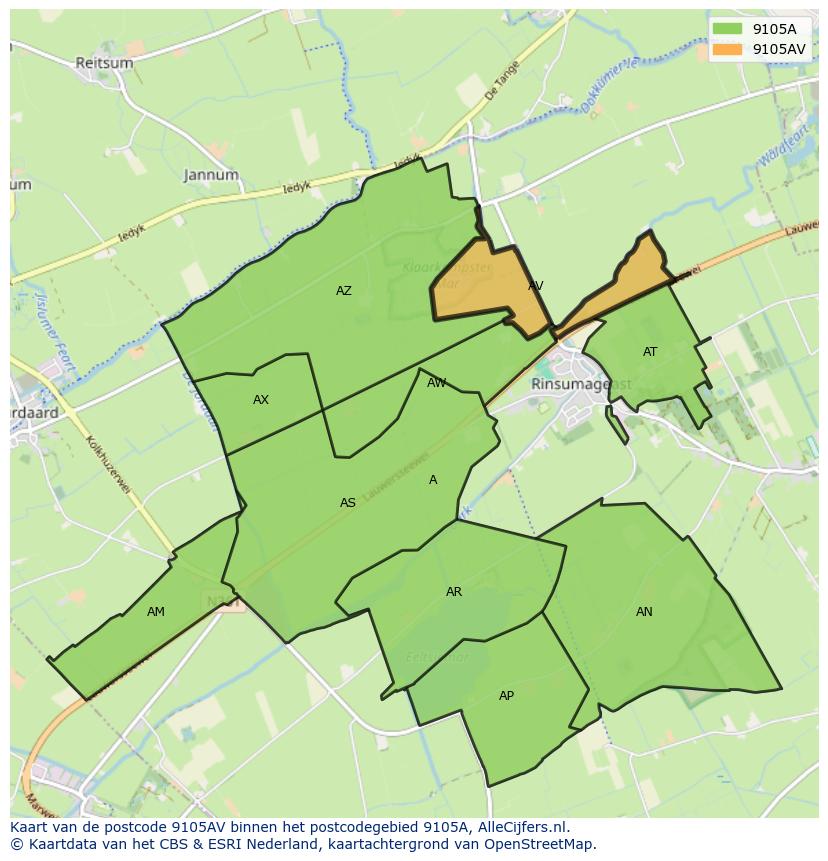 Afbeelding van het postcodegebied 9105 AV op de kaart.