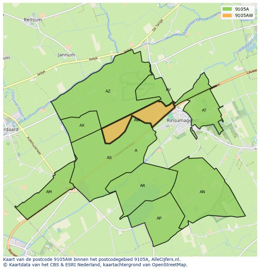 Afbeelding van het postcodegebied 9105 AW op de kaart.