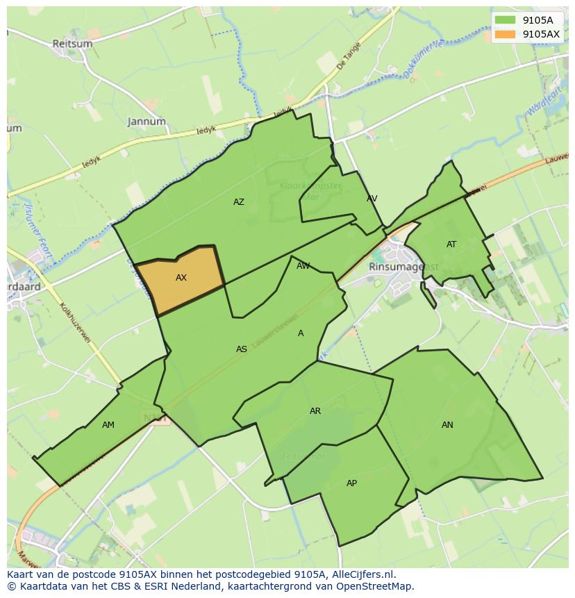 Afbeelding van het postcodegebied 9105 AX op de kaart.