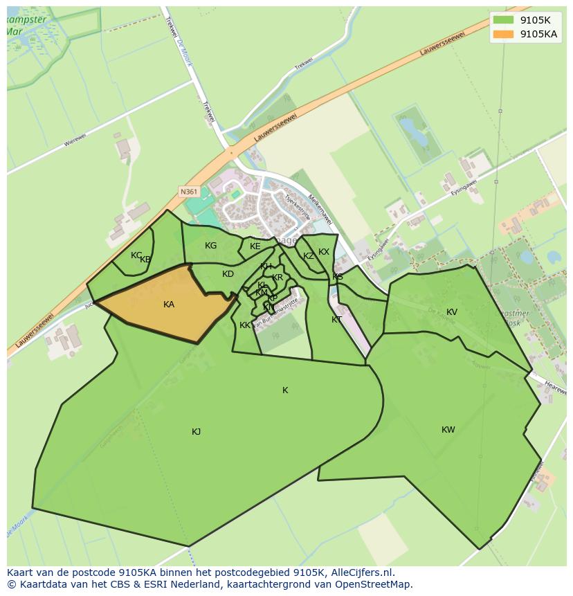 Afbeelding van het postcodegebied 9105 KA op de kaart.