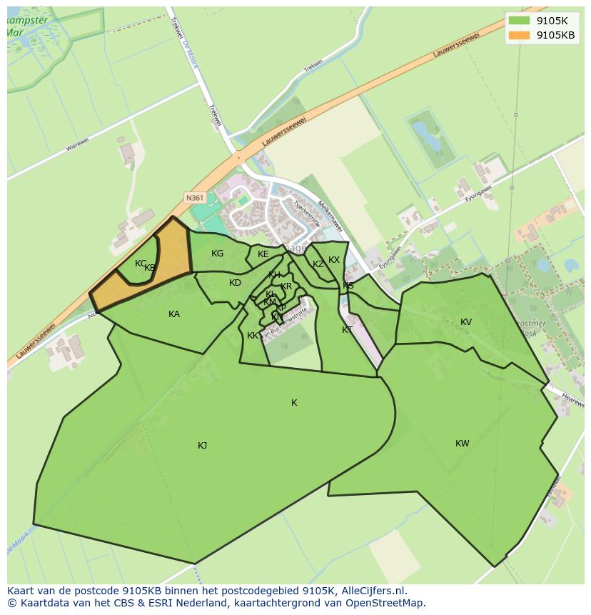 Afbeelding van het postcodegebied 9105 KB op de kaart.