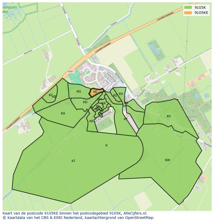 Afbeelding van het postcodegebied 9105 KE op de kaart.