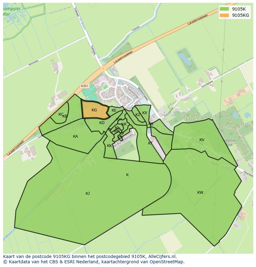 Afbeelding van het postcodegebied 9105 KG op de kaart.