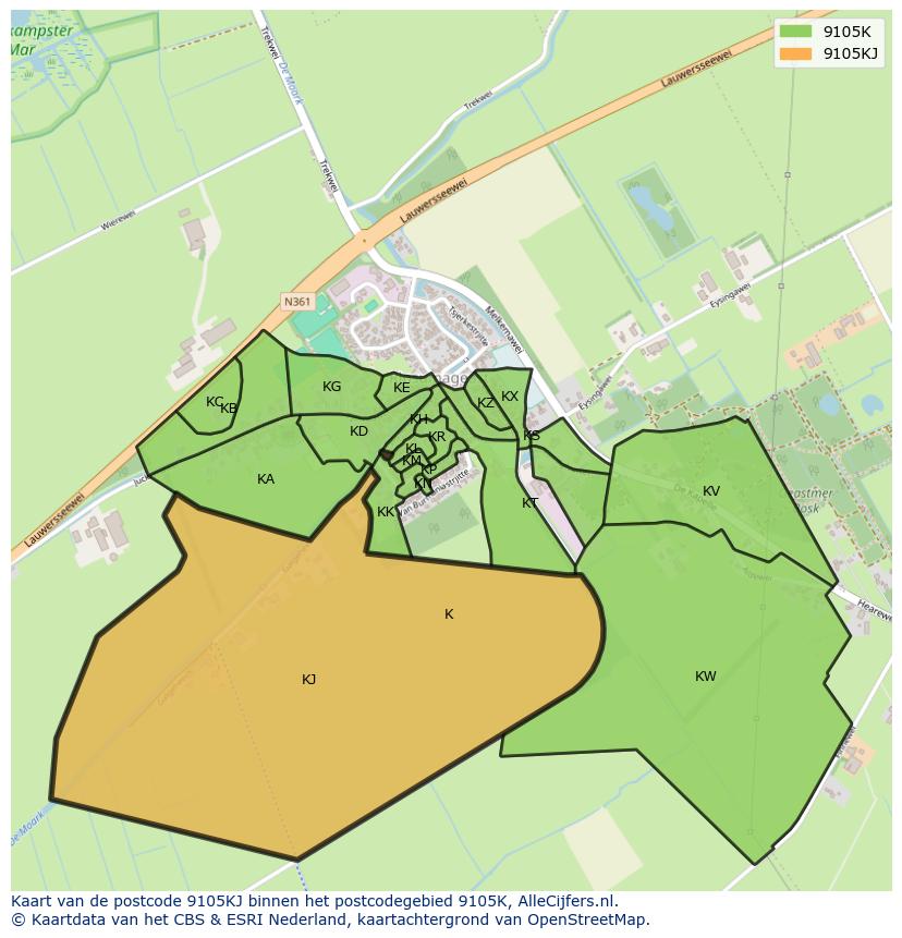 Afbeelding van het postcodegebied 9105 KJ op de kaart.