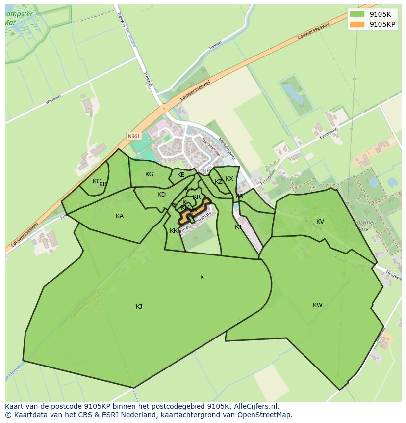 Afbeelding van het postcodegebied 9105 KP op de kaart.