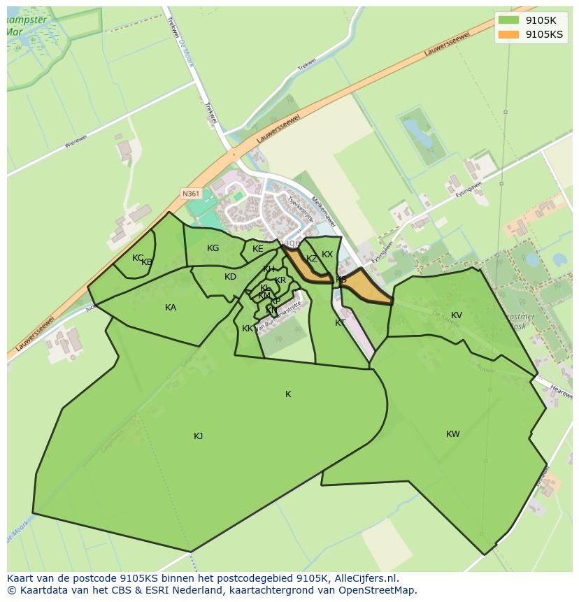 Afbeelding van het postcodegebied 9105 KS op de kaart.