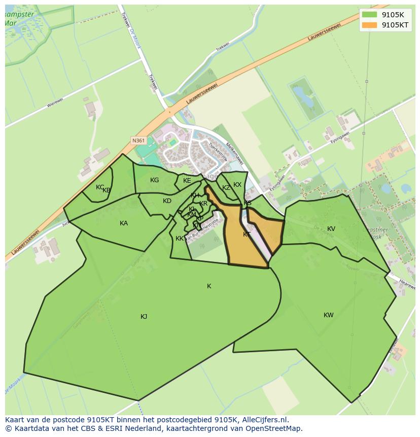 Afbeelding van het postcodegebied 9105 KT op de kaart.