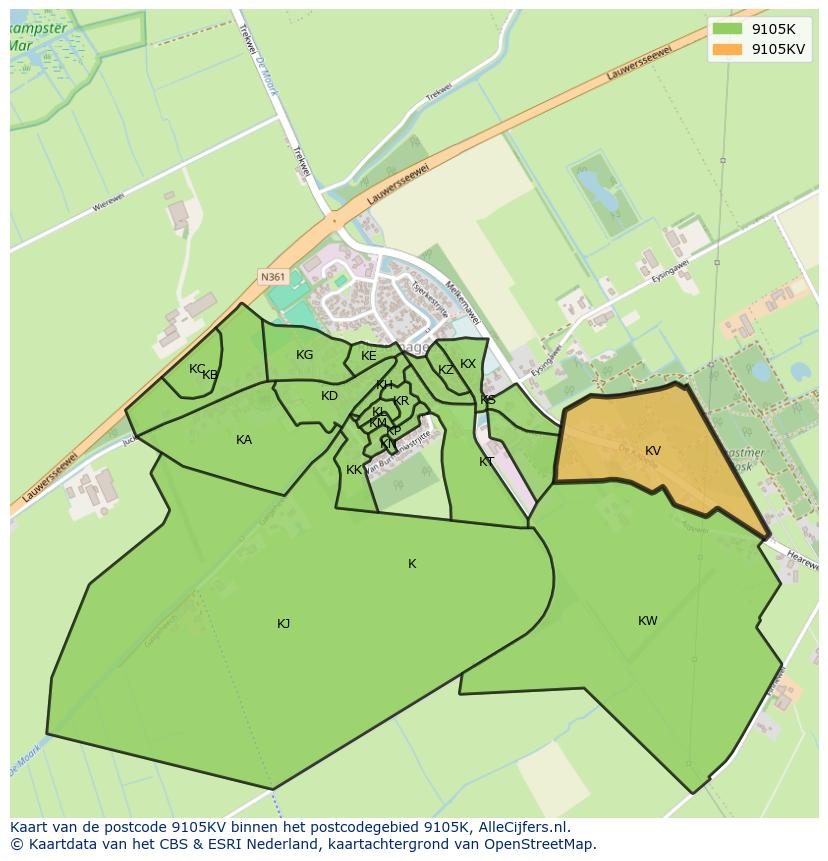 Afbeelding van het postcodegebied 9105 KV op de kaart.