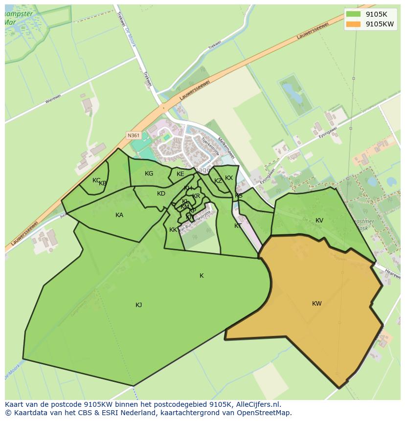 Afbeelding van het postcodegebied 9105 KW op de kaart.