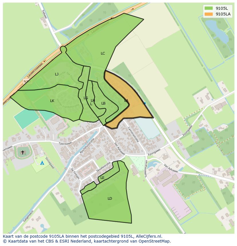 Afbeelding van het postcodegebied 9105 LA op de kaart.