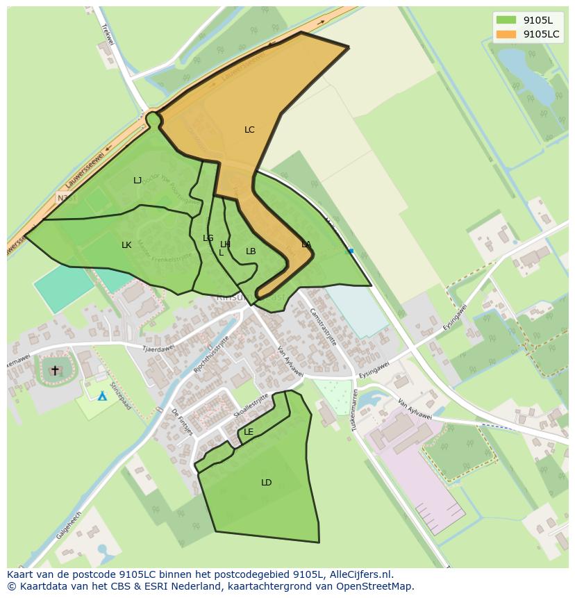 Afbeelding van het postcodegebied 9105 LC op de kaart.