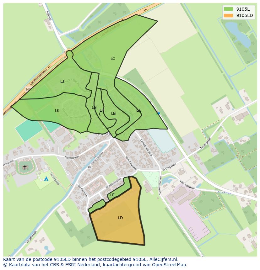 Afbeelding van het postcodegebied 9105 LD op de kaart.