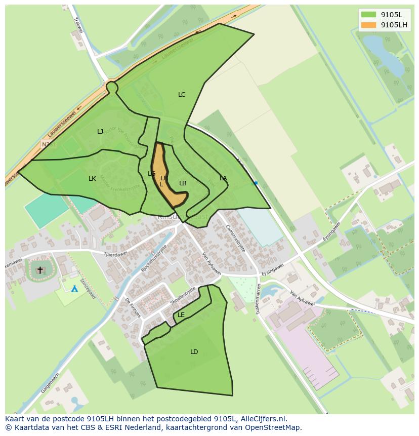 Afbeelding van het postcodegebied 9105 LH op de kaart.