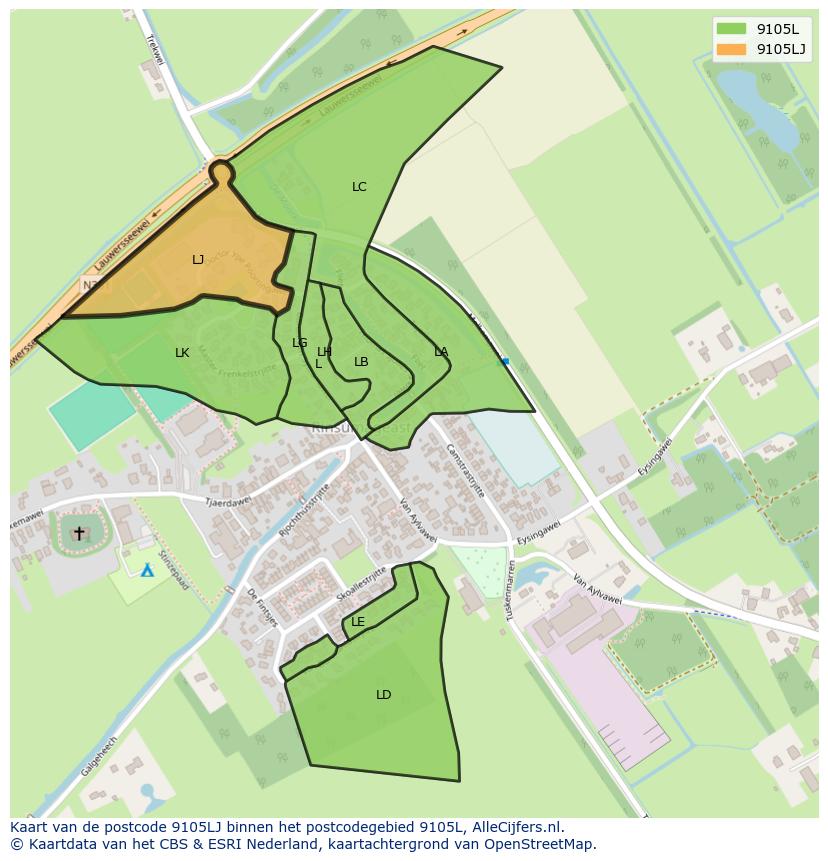 Afbeelding van het postcodegebied 9105 LJ op de kaart.