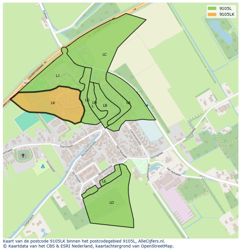 Afbeelding van het postcodegebied 9105 LK op de kaart.