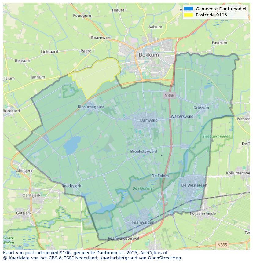 Afbeelding van het postcodegebied 9106 op de kaart.