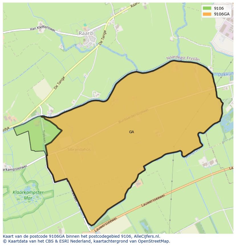 Afbeelding van het postcodegebied 9106 GA op de kaart.