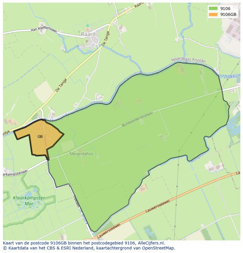 Afbeelding van het postcodegebied 9106 GB op de kaart.