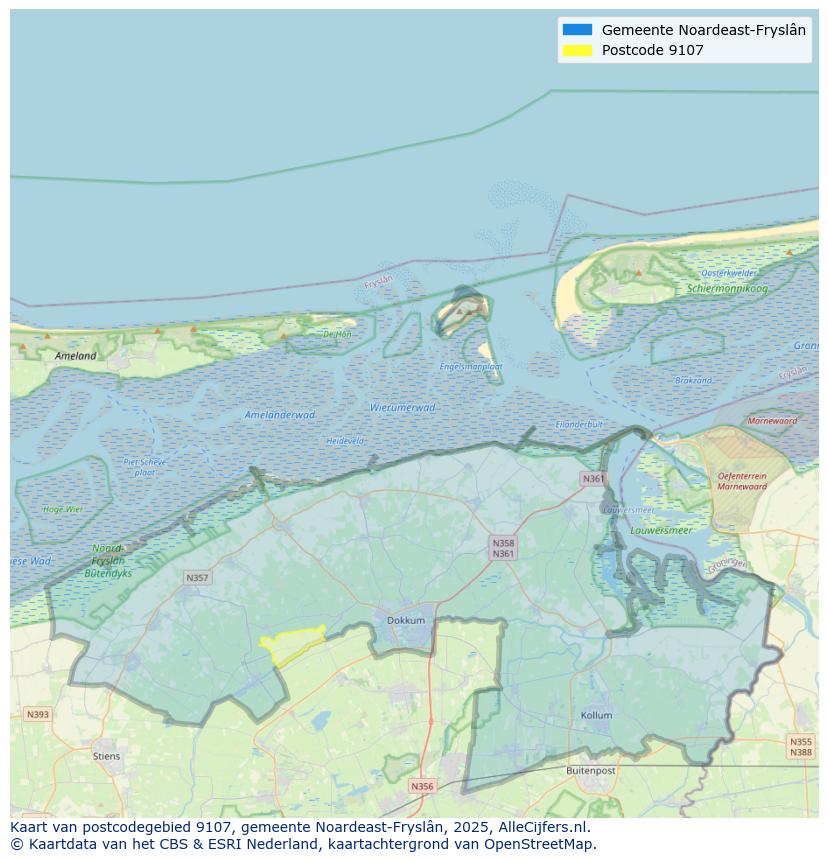 Afbeelding van het postcodegebied 9107 op de kaart.