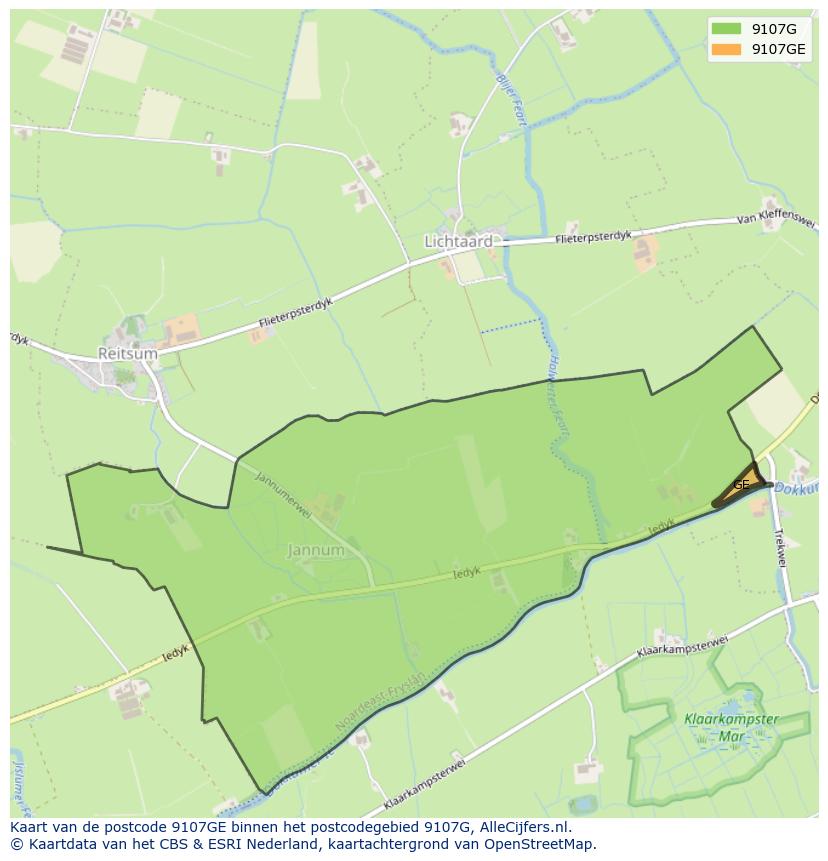 Afbeelding van het postcodegebied 9107 GE op de kaart.