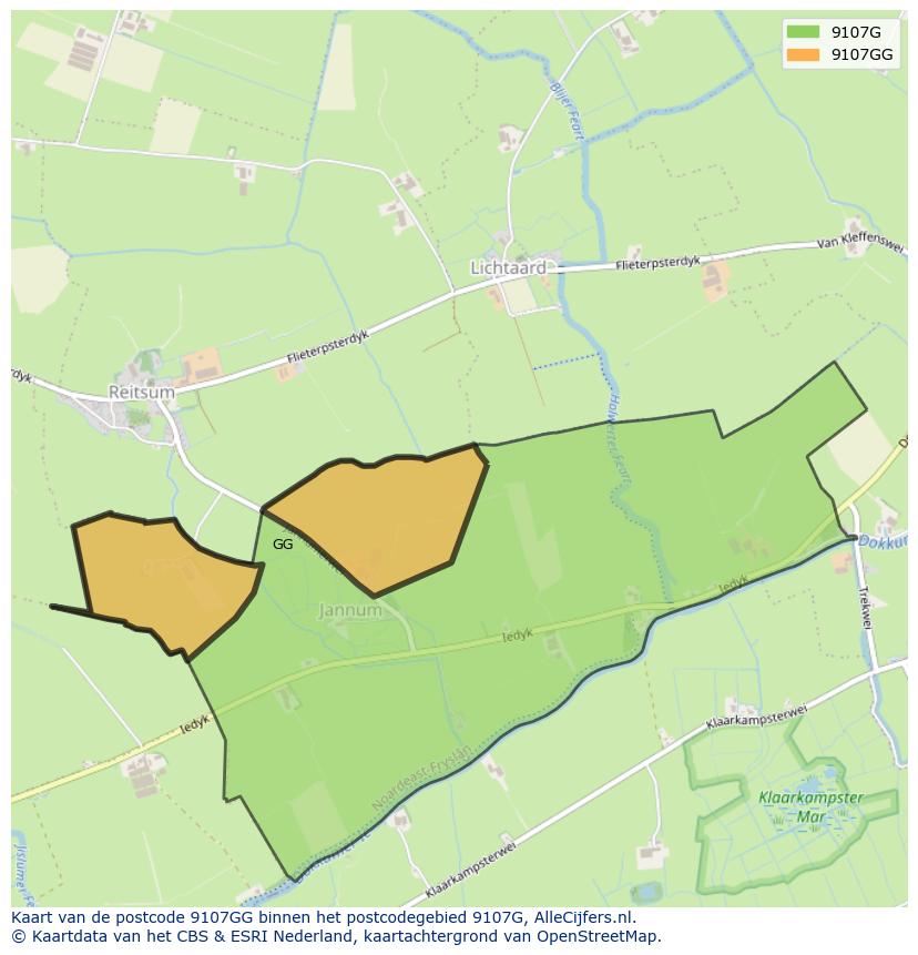 Afbeelding van het postcodegebied 9107 GG op de kaart.