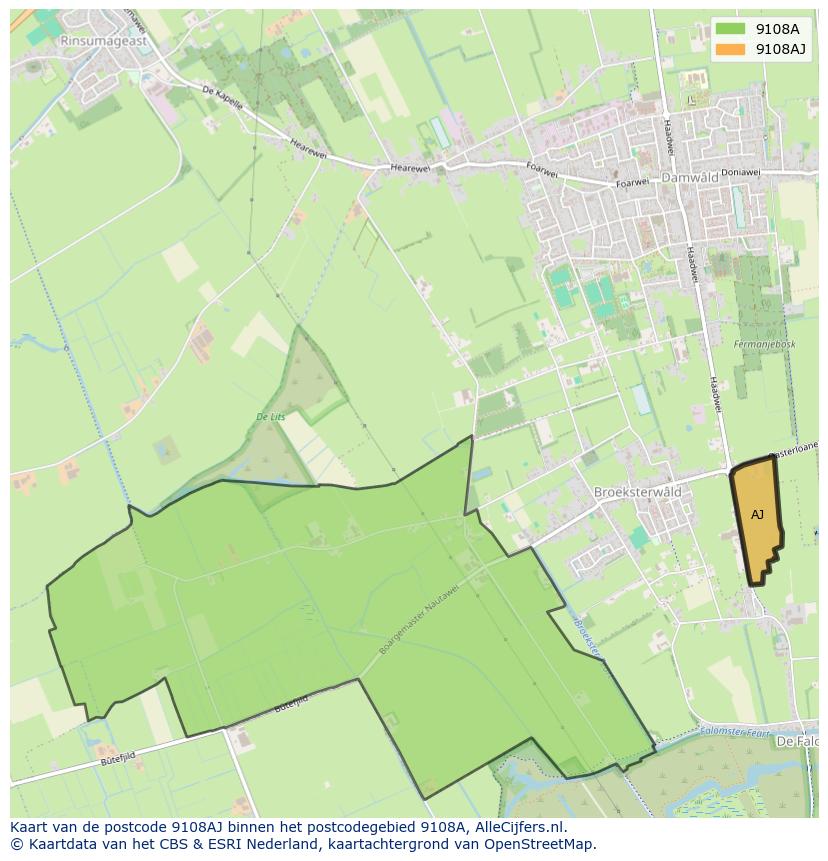 Afbeelding van het postcodegebied 9108 AJ op de kaart.