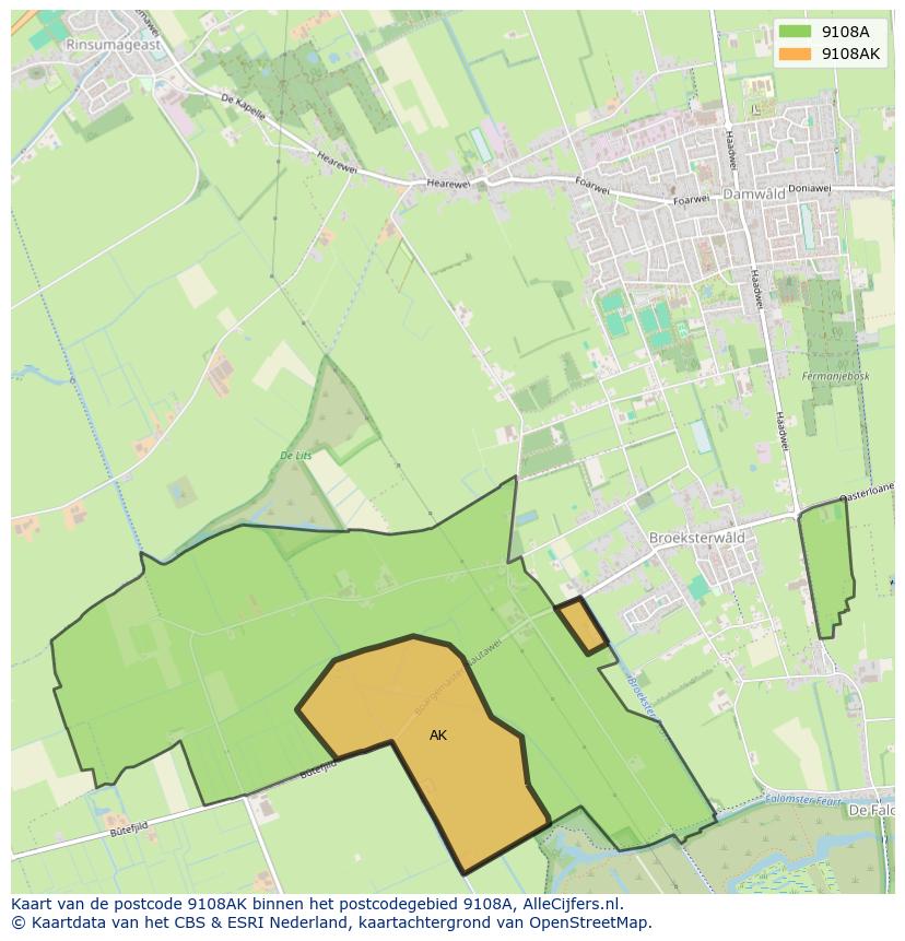 Afbeelding van het postcodegebied 9108 AK op de kaart.