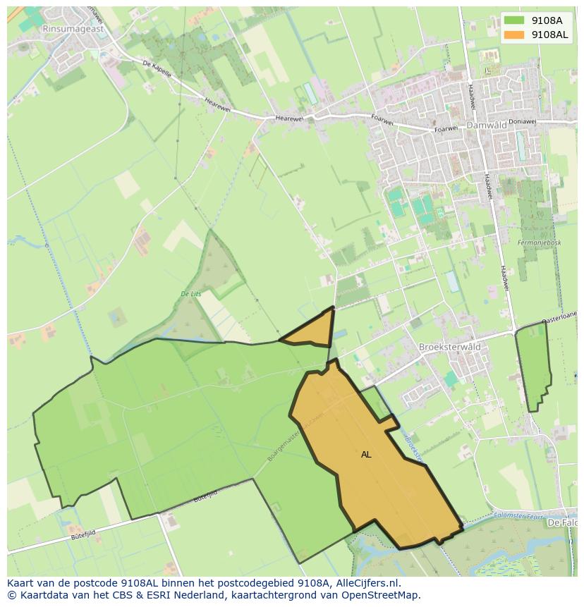 Afbeelding van het postcodegebied 9108 AL op de kaart.