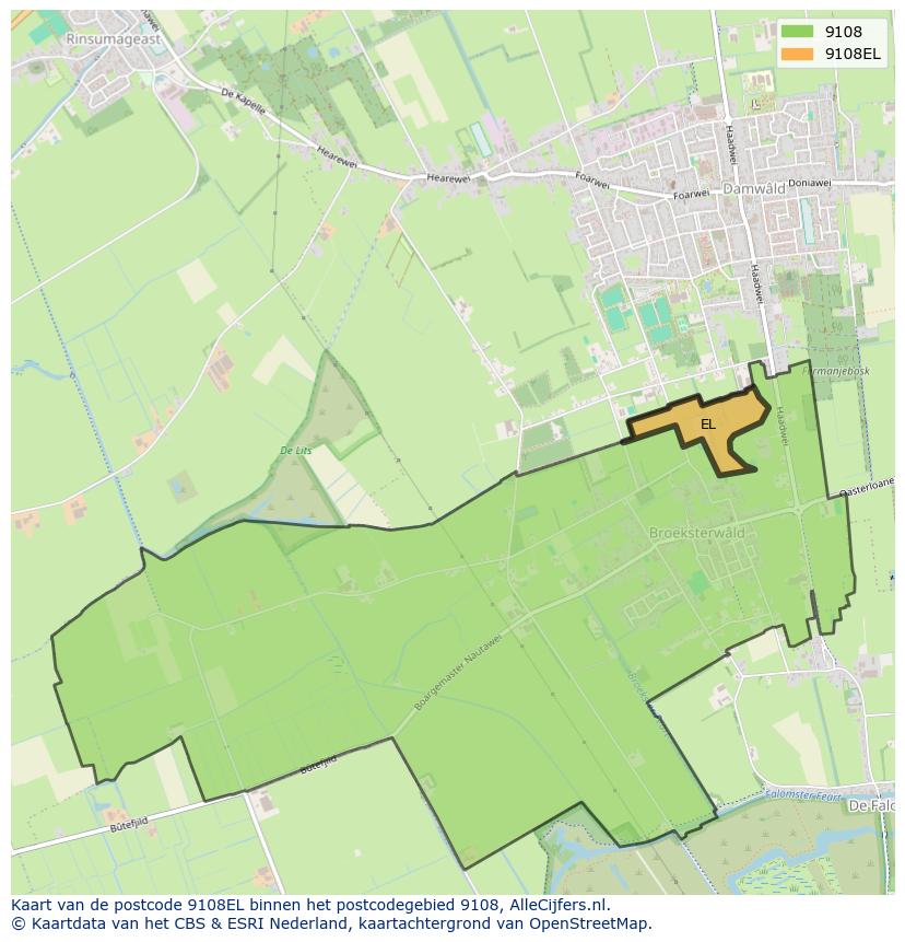 Afbeelding van het postcodegebied 9108 EL op de kaart.