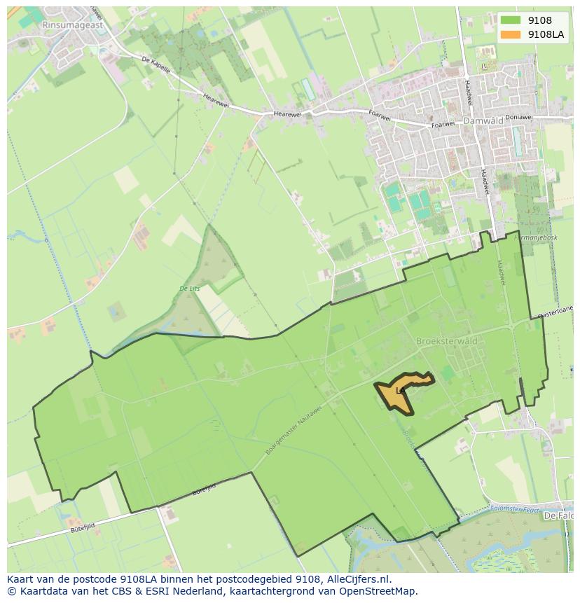 Afbeelding van het postcodegebied 9108 LA op de kaart.