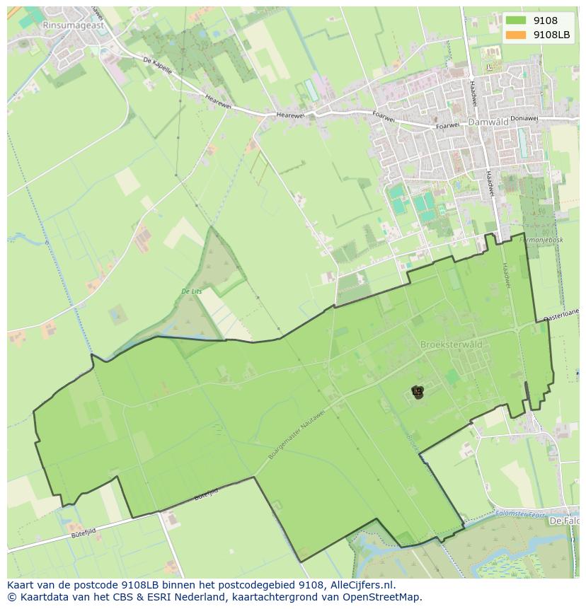 Afbeelding van het postcodegebied 9108 LB op de kaart.