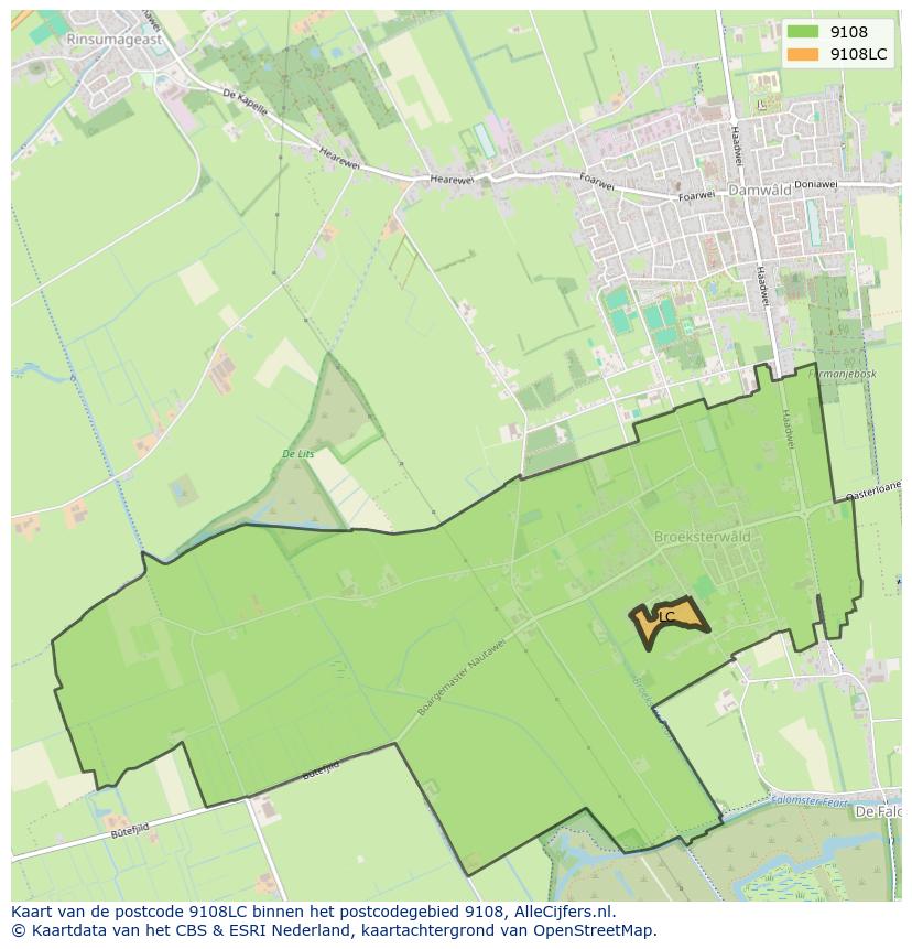 Afbeelding van het postcodegebied 9108 LC op de kaart.